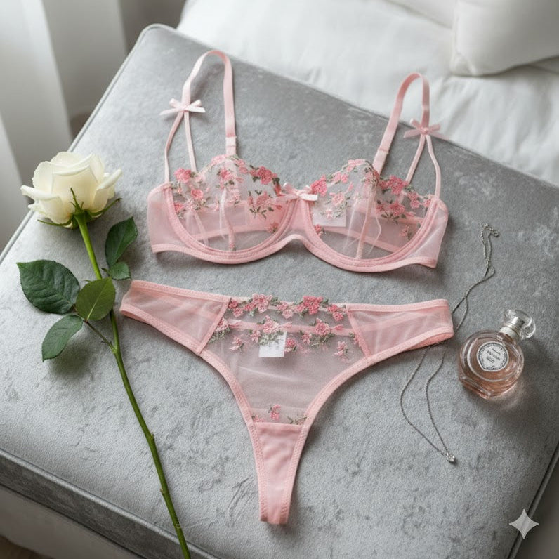 Romantic Floral Laced Set with Rose Embroidery for Women's Lingerie