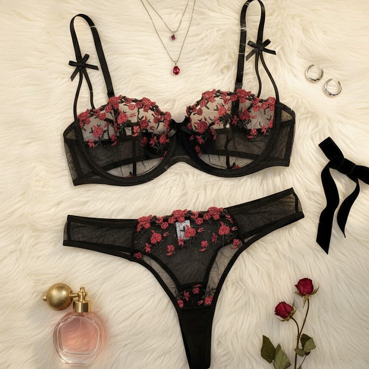Romantic Floral Laced Set with Rose Embroidery for Women's Lingerie